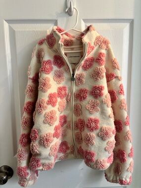 Lucky Brand Cream and Pink Floral Pom-Pom Sherpa Zip Jacket